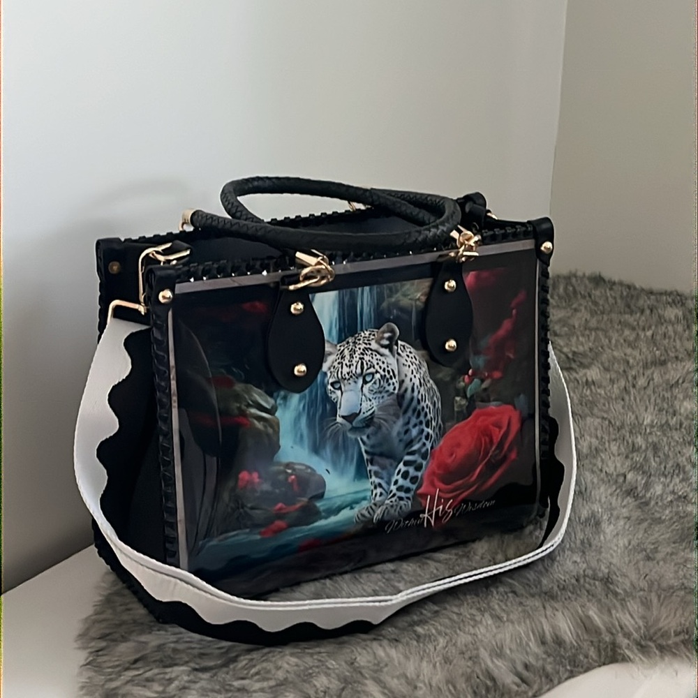 *SOLD* CHiP Bags modern style black white blue leopard lion roses tote purse - Picture 3 of 15